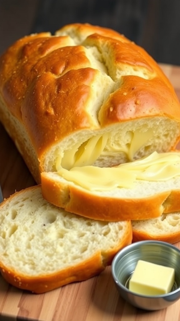 A golden loaf of cheese sandwich bread sliced on a wooden board with melted cheese visible.